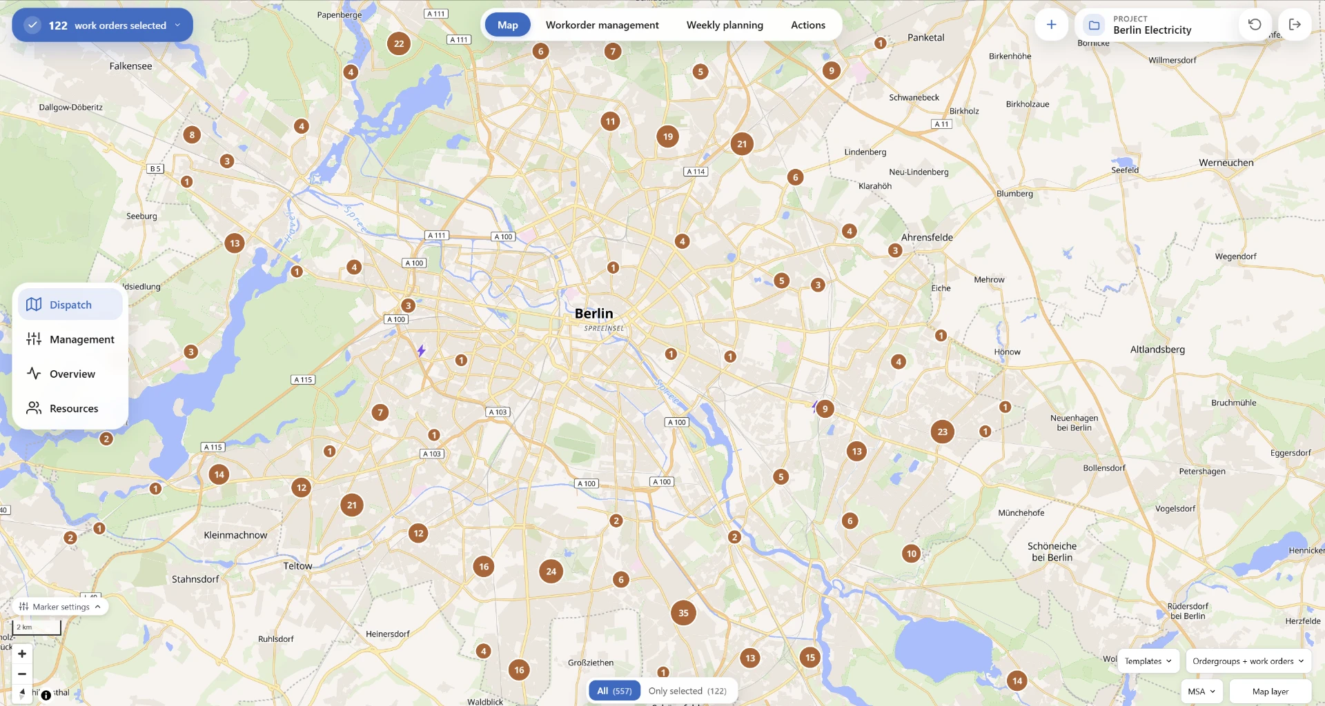 Jarvis project map of Berlin with clustered work orders and 122 orders selected.