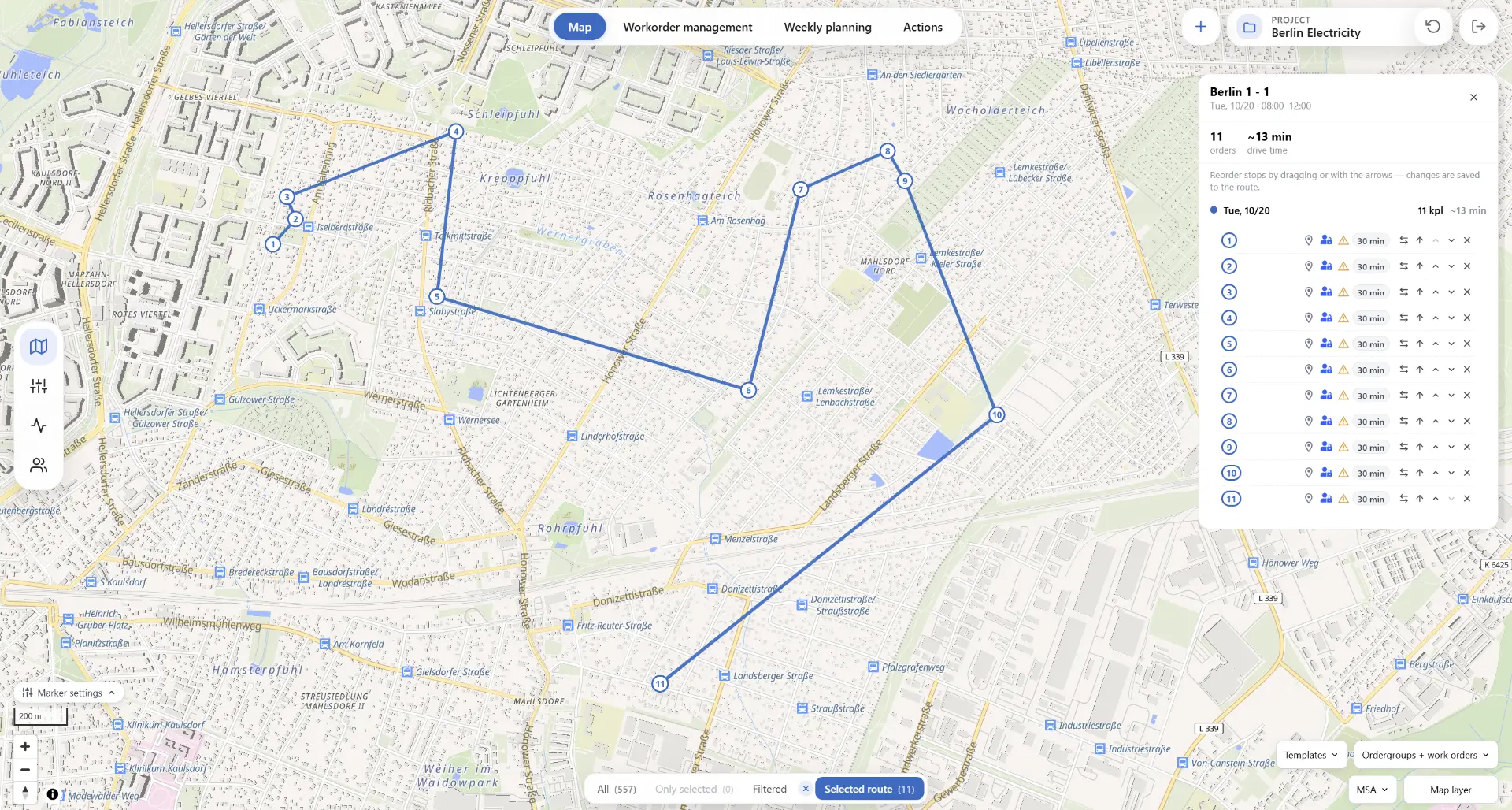 Jarvis route map for Berlin 1 showing 11 numbered stops in a Tuesday morning window from 08:00 to 12:00, with about 13 minutes of drive time and 30 minutes planned per work order.