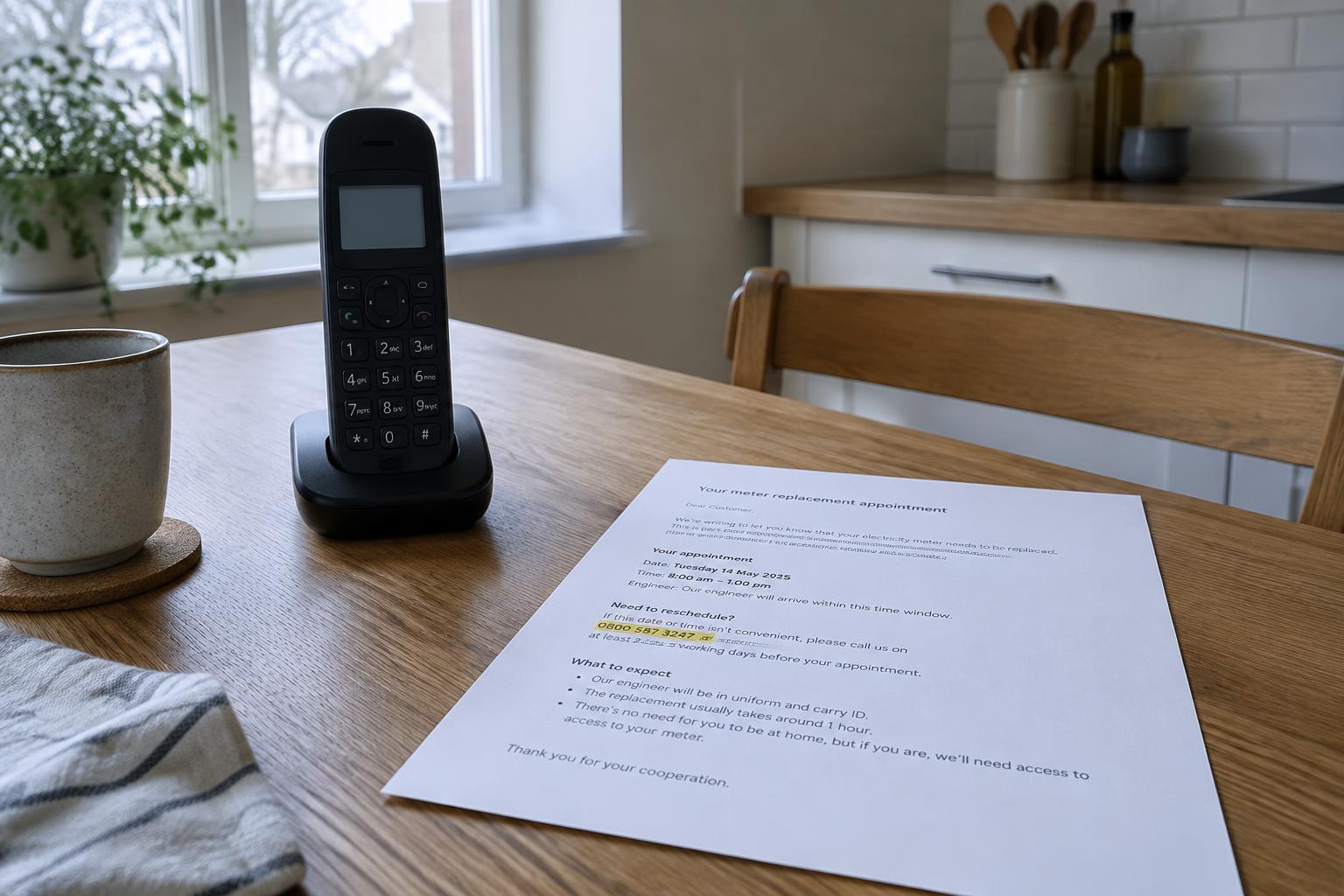 A cordless phone on a kitchen table next to a letter announcing a meter replacement appointment.
