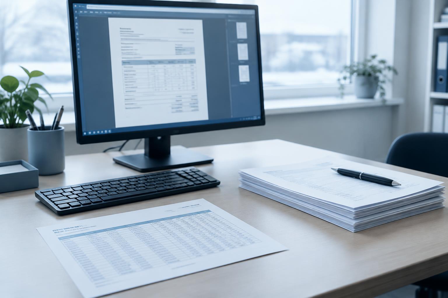 A desk in an installation company's office with a printed monthly list of swapped meters, a screen showing an open e-invoice in a viewer, and a stack of acceptance records.